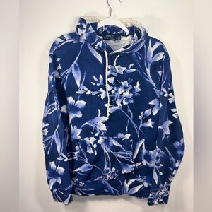 Polo Ralph Lauren Unisex Y2K Blue & White Floral Hoodie Sweatshirt Size Medium